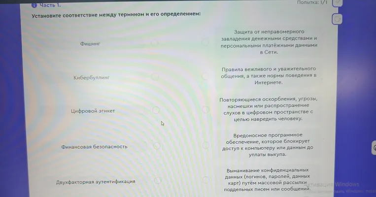 Установите соответствие между термином и его определением: Фишинг, Кибербуллинг, Цифровой этикет, Финансовая безопасность, Двухфакторная аутентификация
