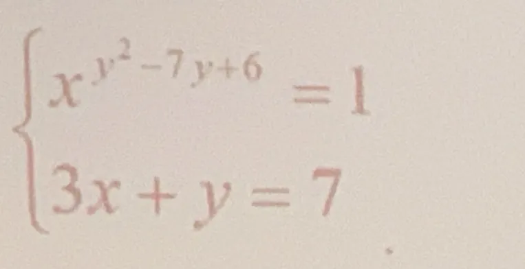 Решите систему уравнений: x^(y^2 - 7y + 6) = 1, 3x + y = 7