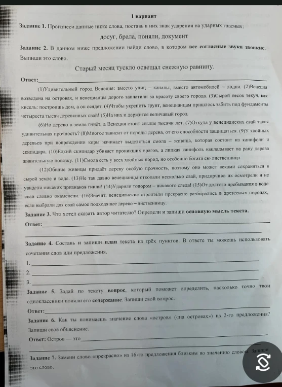 Задание 1. Произнеси данные ниже слова, поставь в них знак ударения на ударных гласных: досуг, брала, поняли, документ