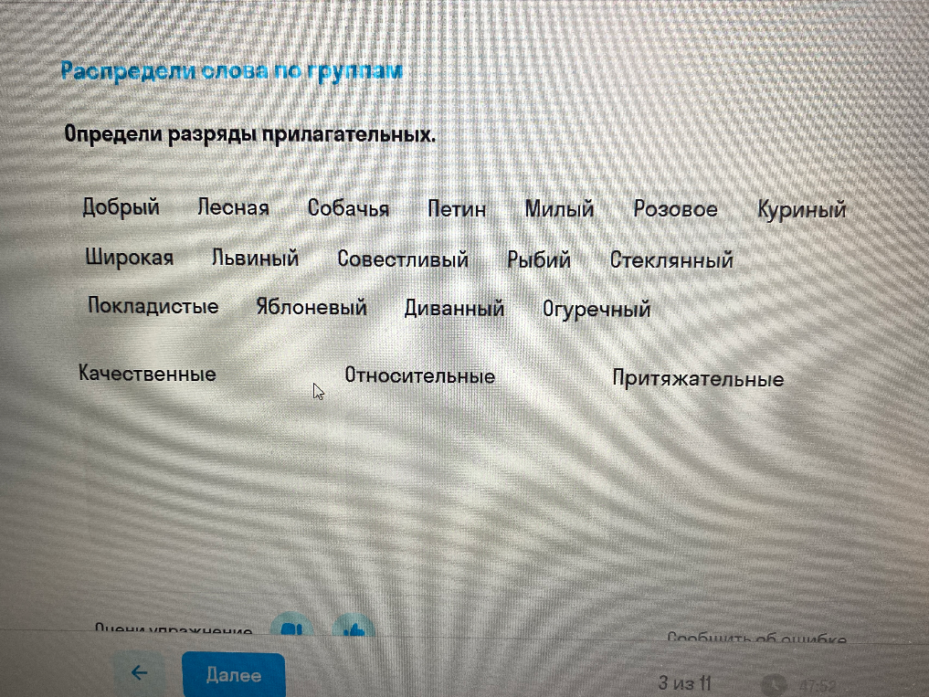 Распредели слова по группам. Определи разряды прилагательных.