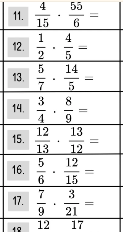Выполните умножение дробей: 4/15 * 55/6, 1/2 * 4/5, 5/7 * 14/5, 3/4 * 8/9, 12/13 * 13/12, 5/6 * 12/15, 7/9 * 3/21