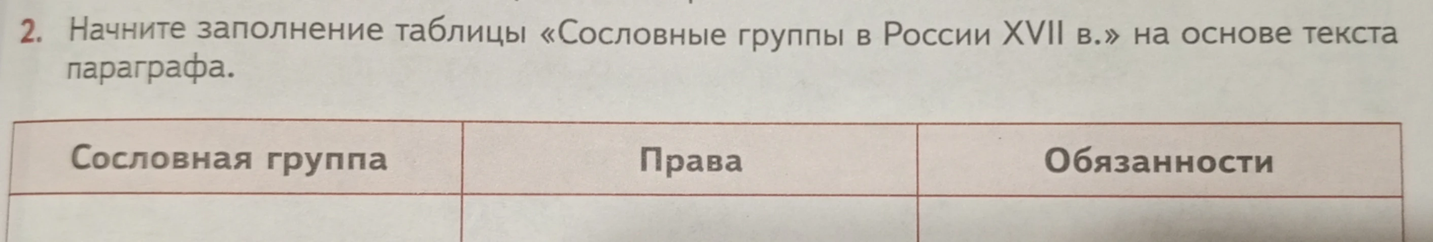 Начните заполнение таблицы «Сословные группы в России XVII в.» на основе текста параграфа.