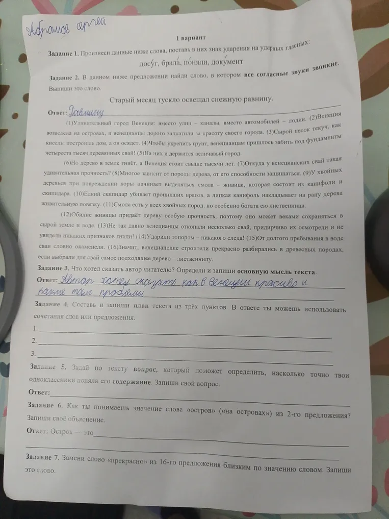 Задание 1. Произнеси данные ниже слова, поставь в них знак ударения на ударных гласных: досуг, брала, поняли, документ. Задание 2. В данном ниже предложении найди слово, в котором все согласные звуки звонкие. Выпиши это слово.