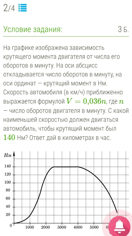 На графике изображена зависимость крутящего момента двигателя от числа его оборотов в минуту. С какой наименьшей скоростью должен двигаться автомобиль, чтобы крутящий момент был 140 Нм?