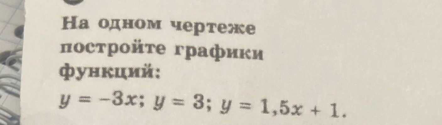На одном чертеже постройте графики функций: y = -3x; y = 3; y = 1,5x + 1.