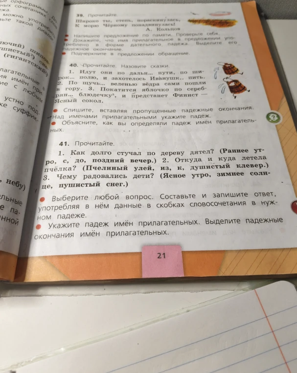 Спишите, вставляя пропущенные падежные окончания. Над именами прилагательными укажите падеж.