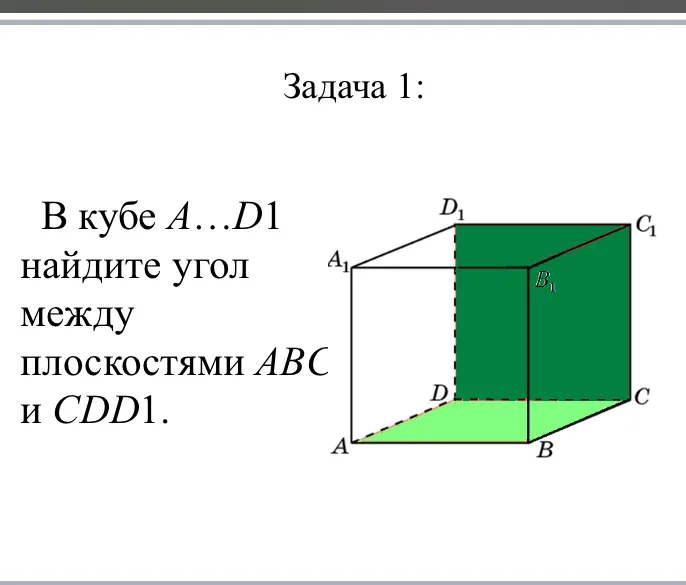 В кубе A...D1 найдите угол между плоскостями ABC и CDD1.