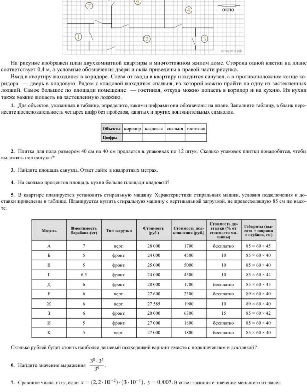 На рисунке изображен план двухкомнатной квартиры в многоэтажном жилом доме. Сторона одной клетки на плане соответствует 0,4 м, а условные обозначения двери и окна приведены в правой части рисунка.