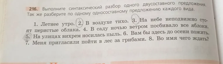Выполните синтаксический разбор одного двусоставного предложения. Так же разберите по одному односоставному предложению каждого вида.