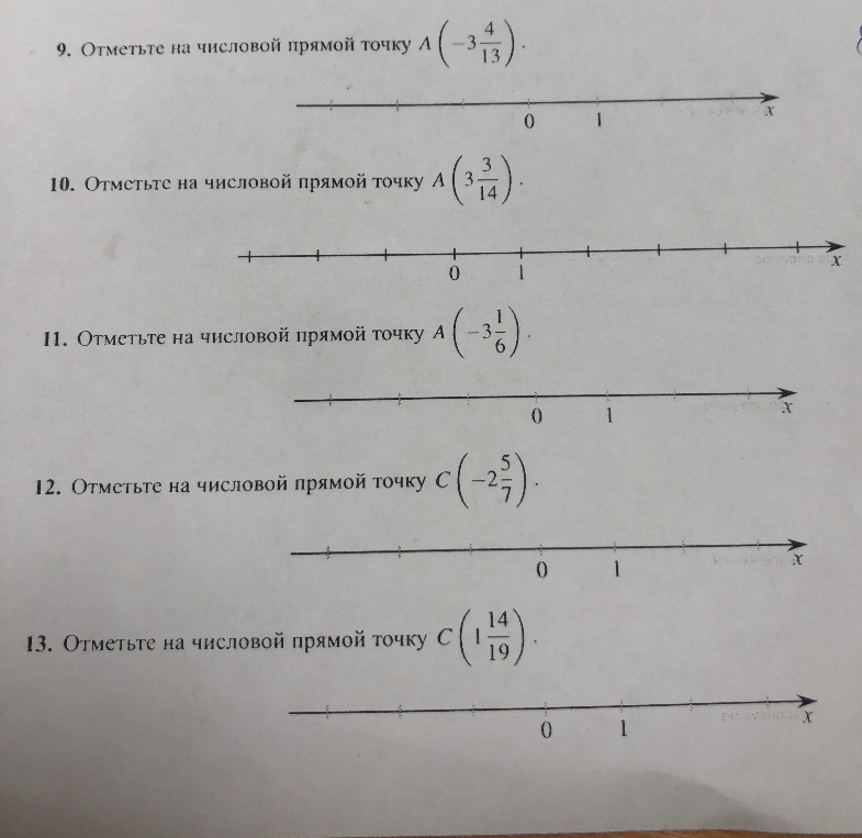 Отметьте на числовой прямой точку A(-3 4/13), A(3 3/14), A(-3 1/6), C(-2 5/7), C(1 14/19)
