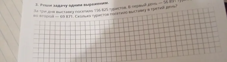 За три дня выставку посетило 156 825 туристов. В первый день — 56 891 турист, во второй — 69 871. Сколько туристов посетило выставку в третий день?