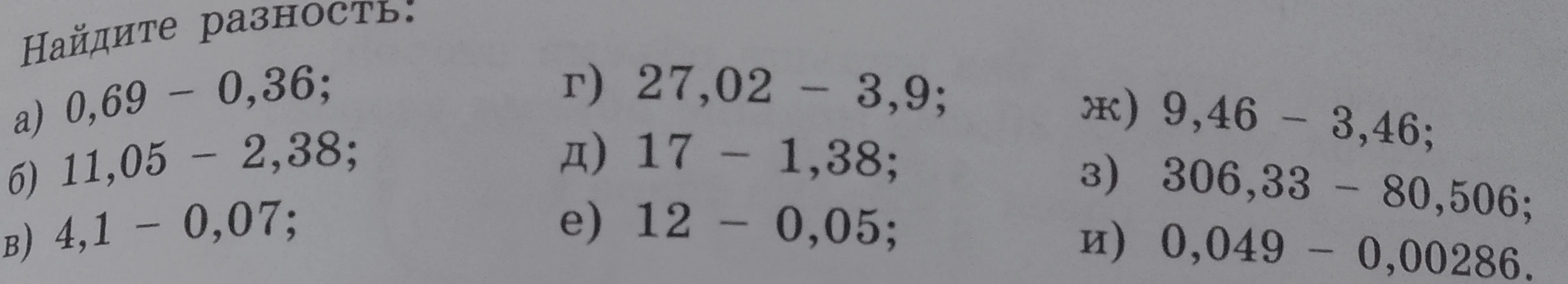 Найдите разность: а) 0,69 - 0,36; б) 11,05 - 2,38; в) 4,1 - 0,07; г) 27,02 - 3,9; д) 17 - 1,38; е) 12 - 0,05; ж) 9,46 - 3,46; з) 306,33 - 80,506; и) 0,049 - 0,00286.