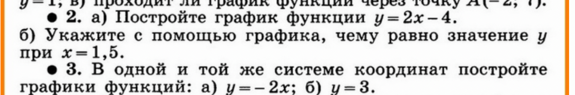 Постройте график функции y = 2x - 4. Укажите с помощью графика, чему равно значение y при x = 1,5. В одной и той же системе координат постройте графики функций: а) y = -2x; б) y = 3.