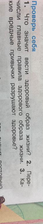1. Что значит вести здоровый образ жизни? 2. Перечисли главные правила здорового образа жизни. 3. Какие вредные привычки разрушают здоровье?