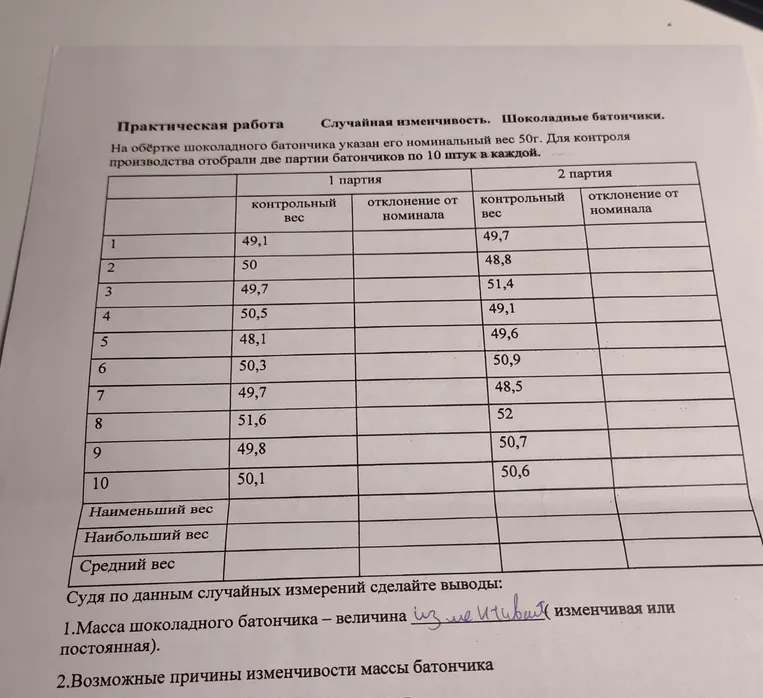 Практическая работа. Случайная изменчивость. Шоколадные батончики. На обертке шоколадного батончика указан его номинальный вес 50г. Для контроля производства отобрали две партии батончиков по 10 штук в каждой.