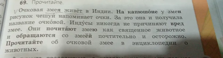 Прочитайте. Очковая змея живёт в Индии. На капюшоне у змеи рисунок чешуй напоминает очки.