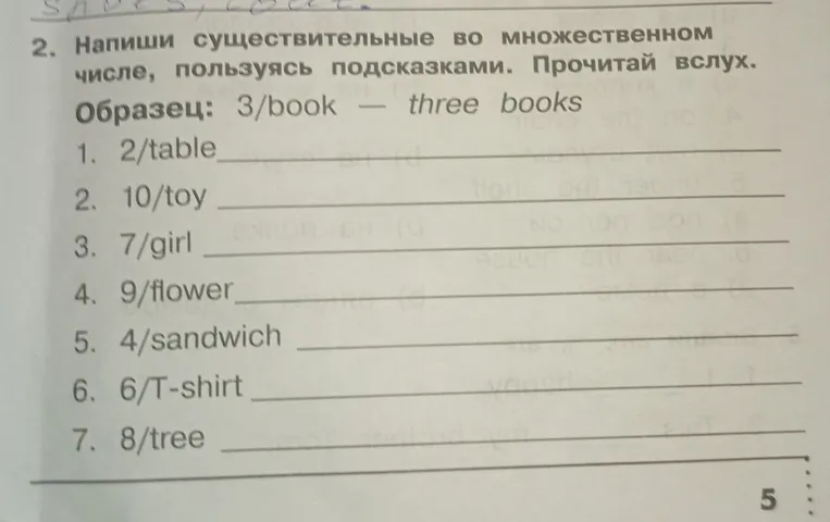 Напиши существительные во множественном числе, пользуясь подсказками. Прочитай вслух.