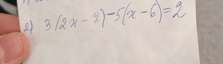 Решите уравнение 3(2x - 7) - 5(x - 6) = 2