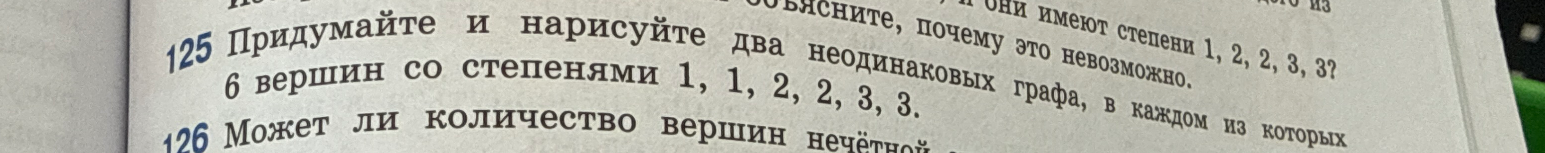 125 Придумайте и нарисуйте два неодинаковых графа, в каждом из которых 6 вершин со степенями 1, 1, 2, 2, 3, 3.