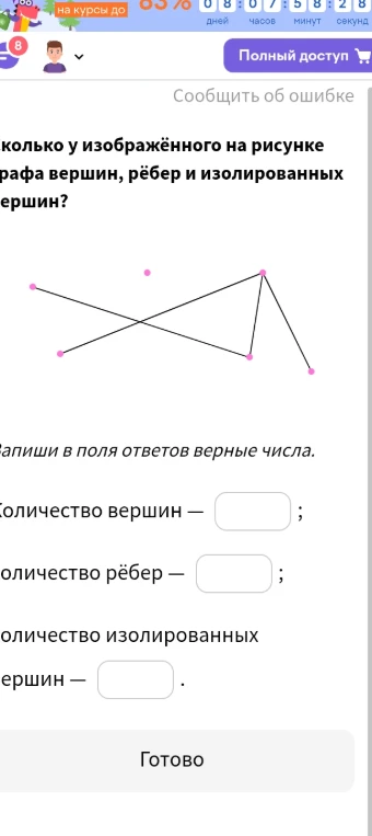 Сколько у изображённого на рисунке графа вершин, рёбер и изолированных вершин?