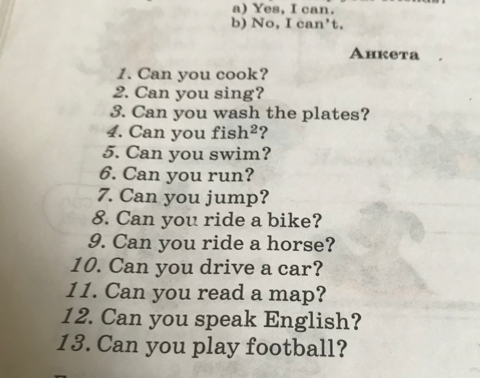 Анкета: 1. Can you cook? 2. Can you sing? 3. Can you wash the plates? ... 13. Can you play football?