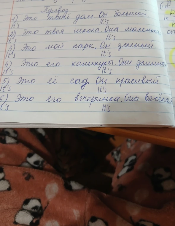 Переведите предложения на английский язык: 1) Это твой дом. Он большой. 2) Это твоя школа. Она маленькая. 3) Это мой парк. Он зеленый. 4) Это его каникулы (карандаши). Они длинные. 5) Это ее сад. Он красивый. 6) Это его вечеринка. Она веселая.