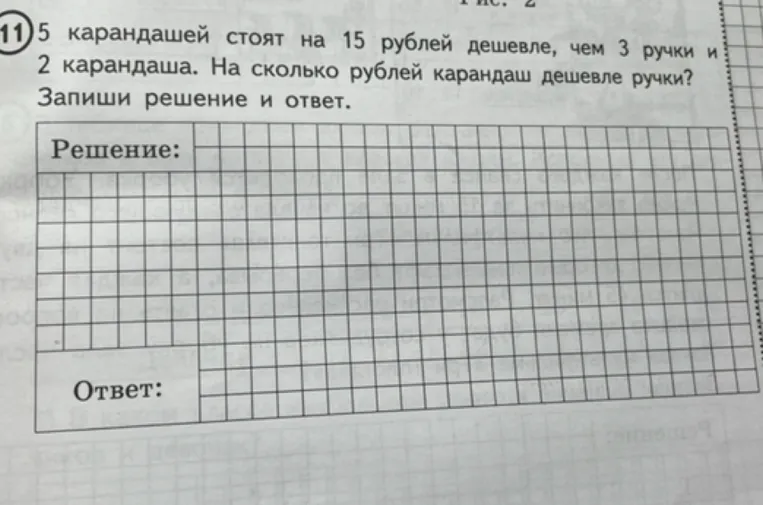 5 карандашей стоят на 15 рублей дешевле, чем 3 ручки и 2 карандаша. На сколько рублей карандаш дешевле ручки?