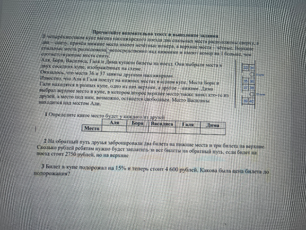 Определите, какое место будет у каждого из друзей. Аля, Боря, Василиса, Галя и Дима купили билеты на поезд.