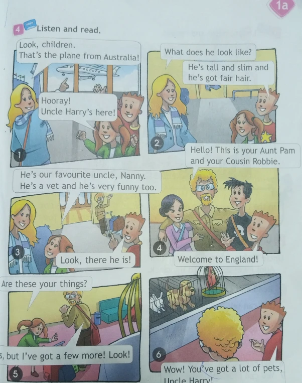 Listen and read the comic about Uncle Harry arriving from Australia.