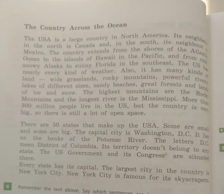 Переведите текст 'The Country Across the Ocean' о географии и государственном устройстве США.