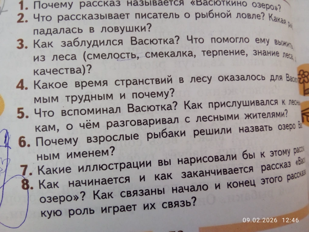 Ответь на вопросы по рассказу «Васюткино озеро»