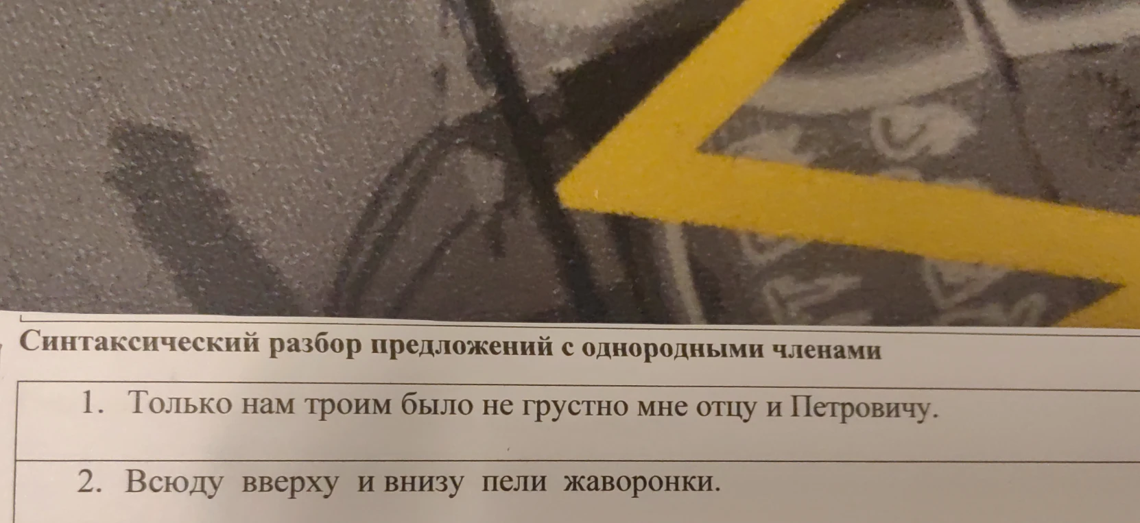 Синтаксический разбор предложений с однородными членами: 1. Только нам троим было не грустно мне отцу и Петровичу. 2. Всюду вверху и внизу пели жаворонки.