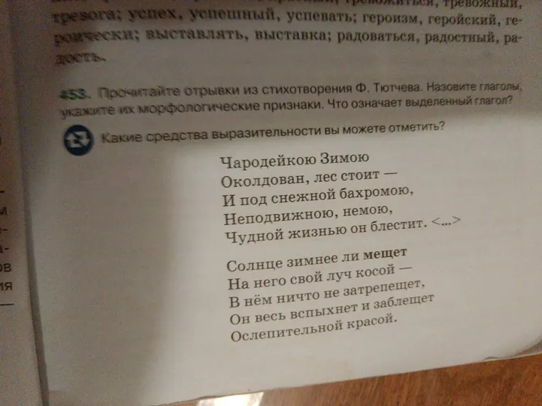 Прочитайте отрывки из стихотворения Ф. Тютчева. Назовите глаголы, укажите их морфологические признаки. Что означает выделенный глагол?