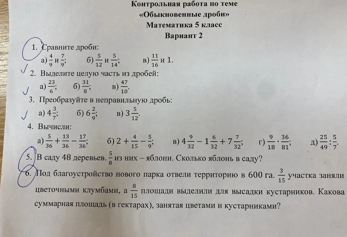 Контрольная работа по теме «Обыкновенные дроби» Математика 5 класс Вариант 2