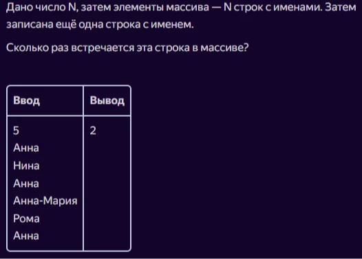 Дано число N, затем элементы массива — N строк с именами. Затем записана ещё одна строка с именем. Сколько раз встречается эта строка в массиве?