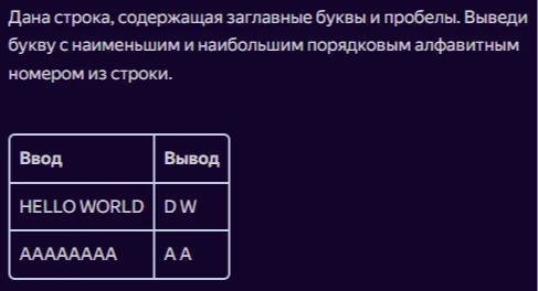 Дана строка, содержащая заглавные буквы и пробелы. Выведи букву с наименьшим и наибольшим порядковым алфавитным номером из строки.