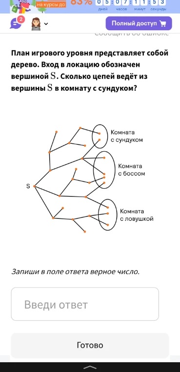 План игрового уровня представляет собой дерево. Вход в локацию обозначен вершиной S. Сколько цепей ведёт из вершины S в комнату с сундуком?