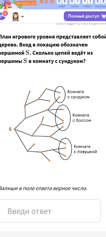 План игрового уровня представляет собой дерево. Вход в локацию обозначен вершиной S. Сколько цепей ведёт из вершины S в комнату с сундуком?