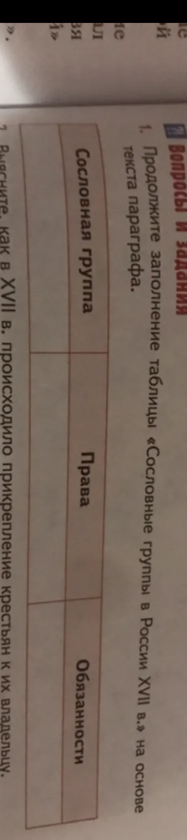 Продолжите заполнение таблицы «Сословные группы в России XVII в.» на основе текста параграфа.