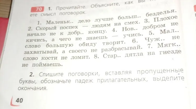 Спишите поговорки, вставляя пропущенные буквы, обозначьте падеж прилагательных, выделите окончания.