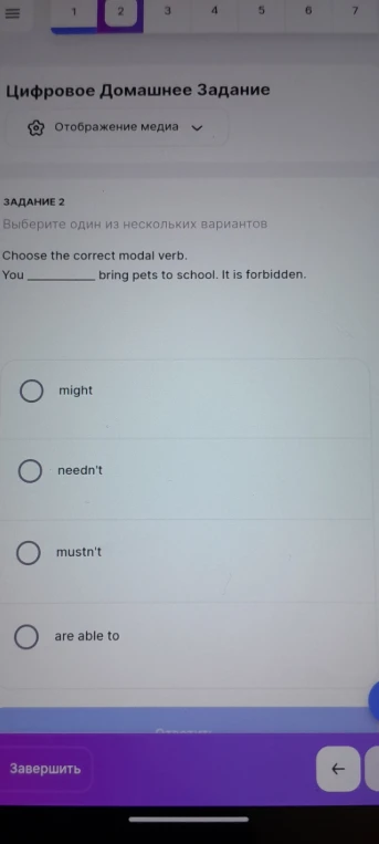 Choose the correct modal verb. You _______ bring pets to school. It is forbidden.