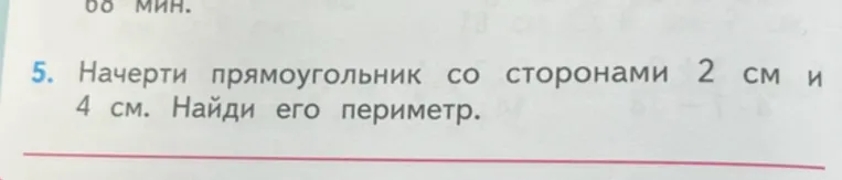 Начерти прямоугольник со сторонами 2 см и 4 см. Найди его периметр.