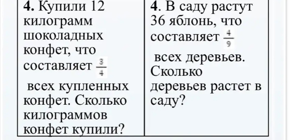 Купили 12 килограмм шоколадных конфет, что составляет 3/4 всех купленных конфет. Сколько килограммов конфет купили?