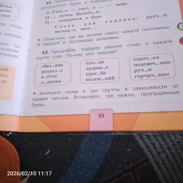 62. Прочитайте. Вставьте пропущенные буквы и подходящие по смыслу слова. 63. Прочитайте. Найдите лишнее слово в каждой группе слов. Почему оно лишнее?