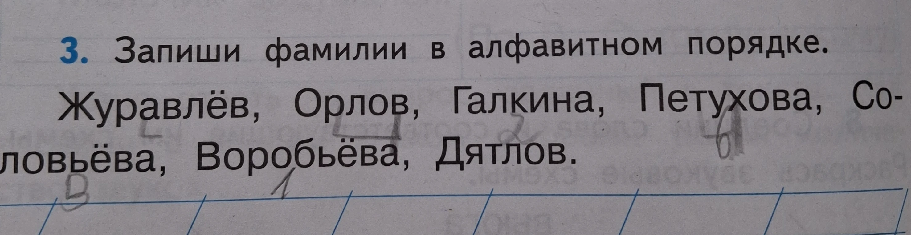Запиши фамилии в алфавитном порядке: Журавлёв, Орлов, Галкина, Петухова, Соловьёва, Воробьёва, Дятлов.