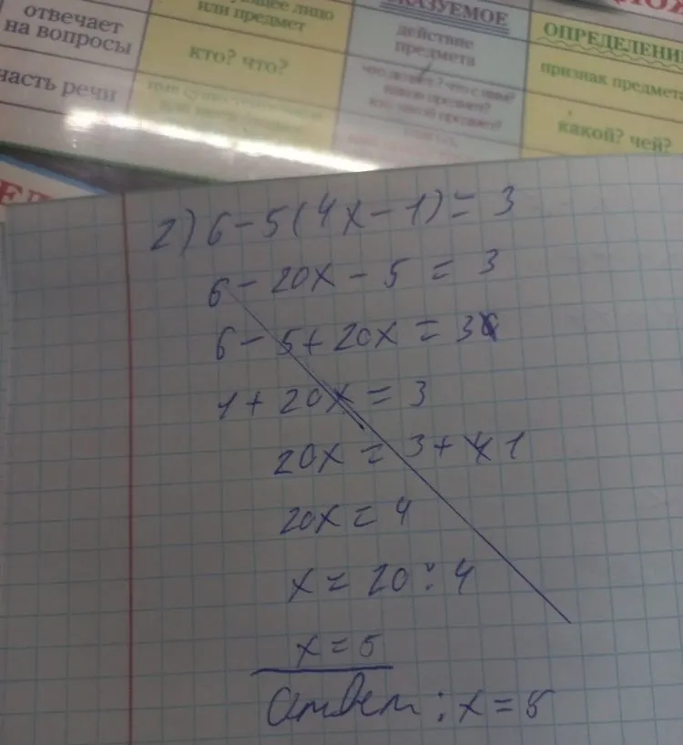 Решите уравнение 6 - 5(4x - 1) = 3