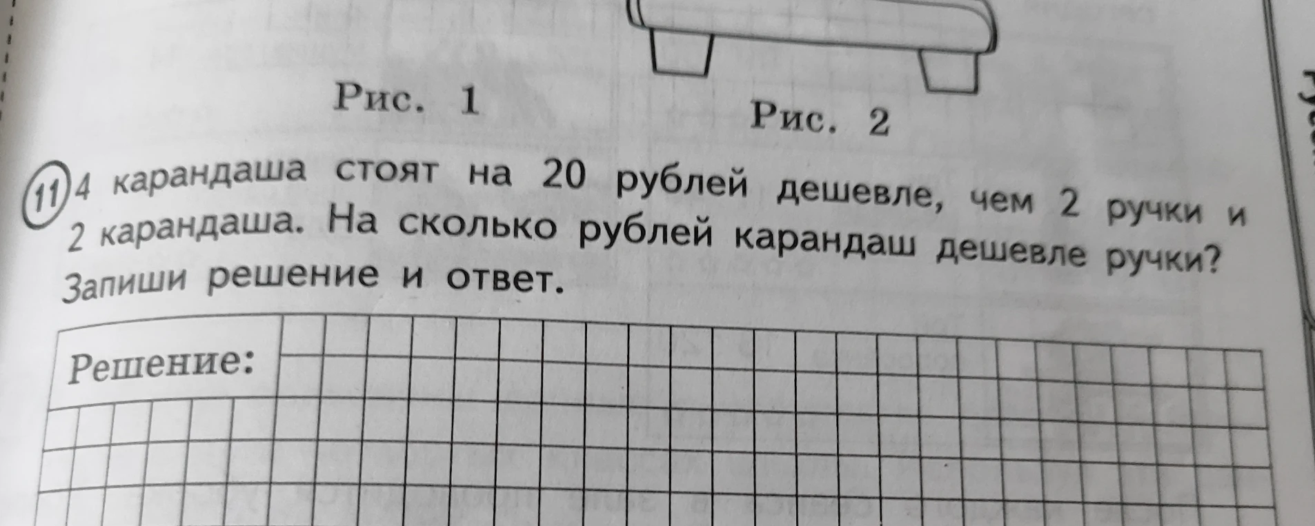 4 карандаша стоят на 20 рублей дешевле, чем 2 ручки и 2 карандаша. На сколько рублей карандаш дешевле ручки?