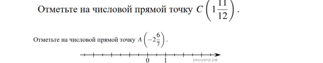 Отметьте на числовой прямой точку C(1 11/12). Отметьте на числовой прямой точку A(-2 6/7).