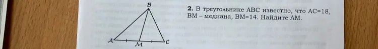 В треугольнике ABC известно, что AC=18, BM – медиана, BM=14. Найдите AM.