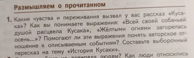 Какие чувства и переживания вызвал у вас рассказ «Кусака»? Как вы понимаете выражения: «Всей своей собачьей душой расцвела Кусака», «Жёлтыми огнями загорелась осень...»? Помогают ли эти выражения понять авторское отношение к описываемым событиям? Составьте выборочный пересказ на тему «История Кусаки».